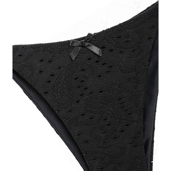 Seamoly Black X-Small Eyelet Jacquard Textured Bowknot Decor Halter Tankini NEW! - Picture 4 of 5